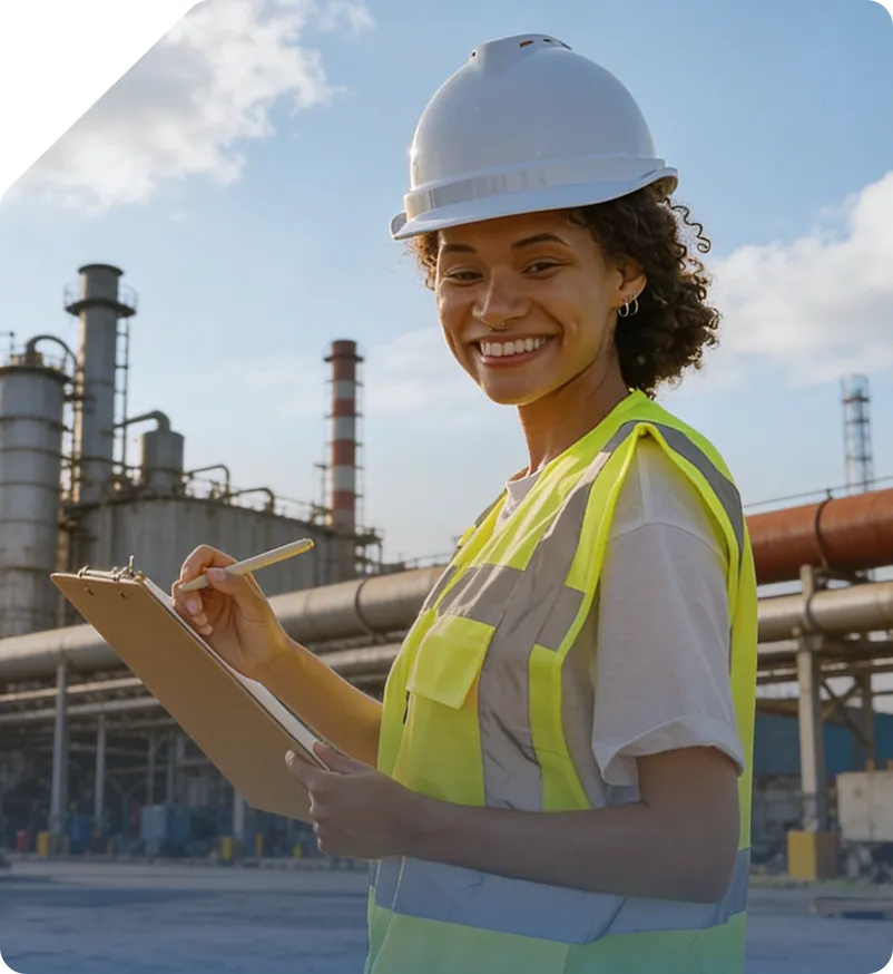 Profissional do Grupo Latitud em campo realizando inspeção técnica em ambiente industrial