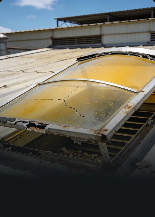 Lanternim industrial danificado antes do diagnóstico técnico