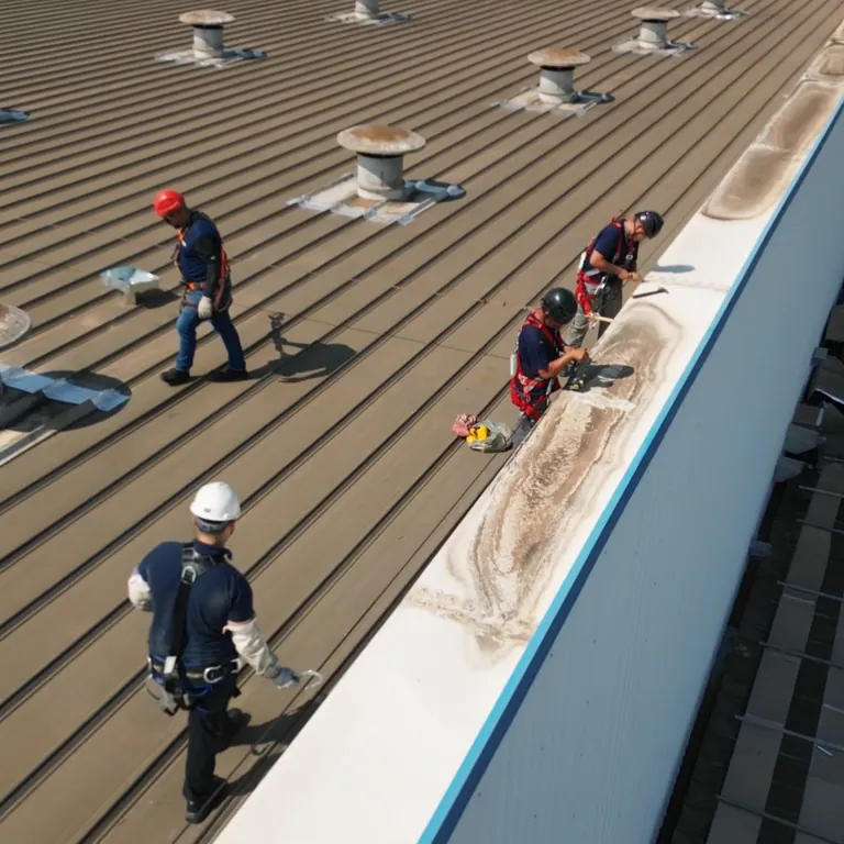 Trabalhador ajustando sistema de linha de vida em telhado industrial